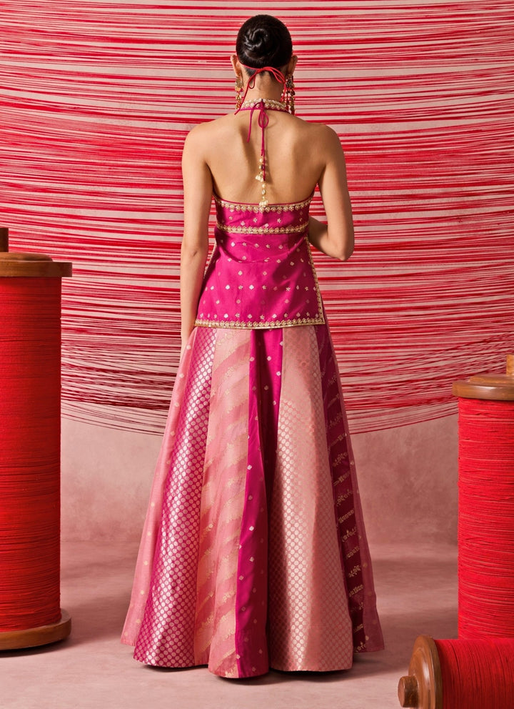 Chamee And Palak Pink Jamewar Kurta Lehenga SetFabilicious Fashion