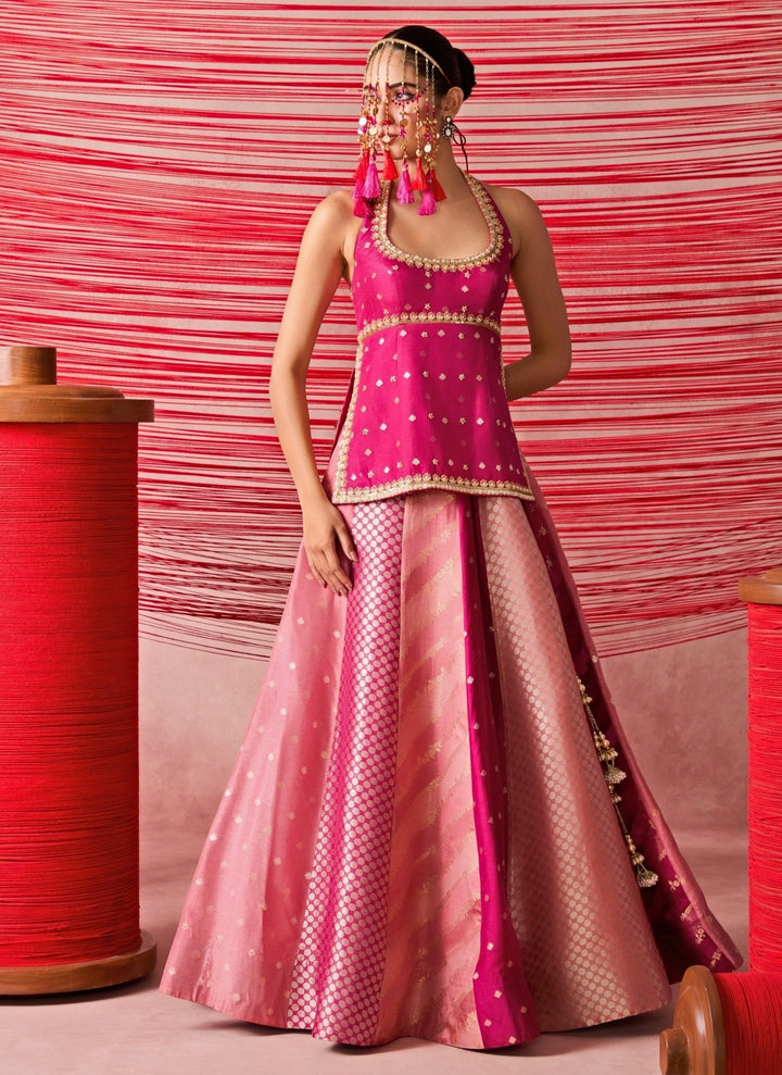 Chamee And Palak Pink Jamewar Kurta Lehenga SetFabilicious Fashion