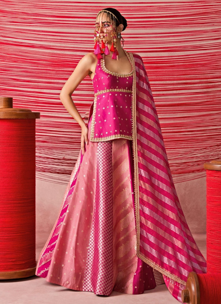 Chamee And Palak Pink Jamewar Kurta Lehenga SetFabilicious Fashion