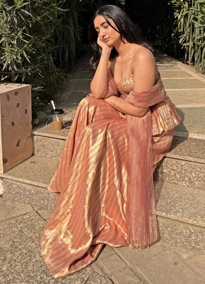 Chamee And Palak Pink Jamewar Tissue Corset Pants SetFabilicious Fashion