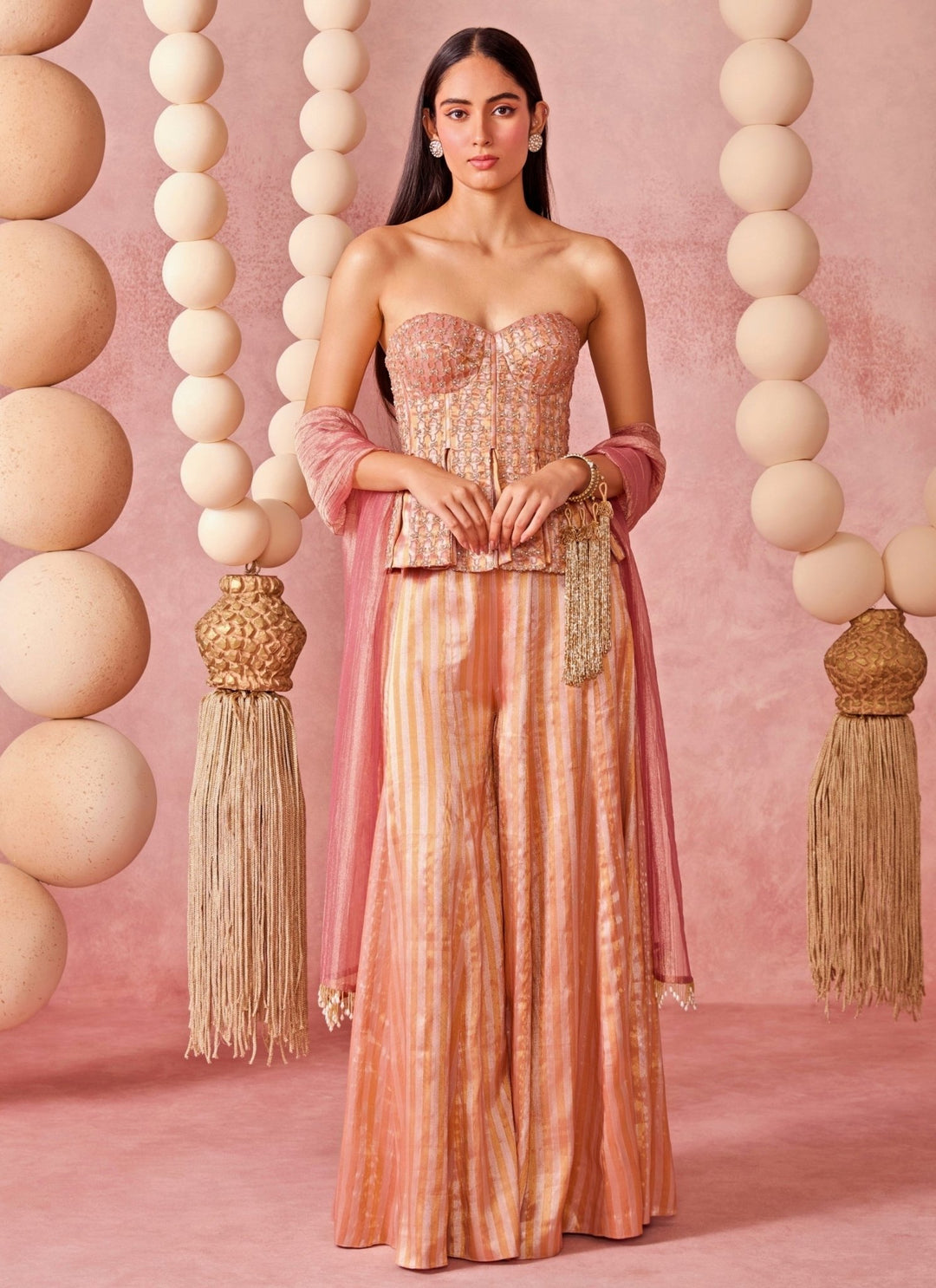 Chamee And Palak Pink Jamewar Tissue Corset Pants SetFabilicious Fashion