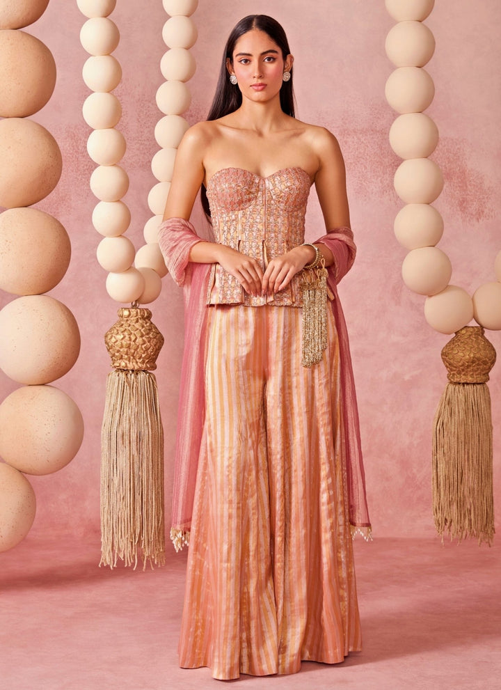Chamee And Palak Pink Jamewar Tissue Corset Pants SetFabilicious Fashion