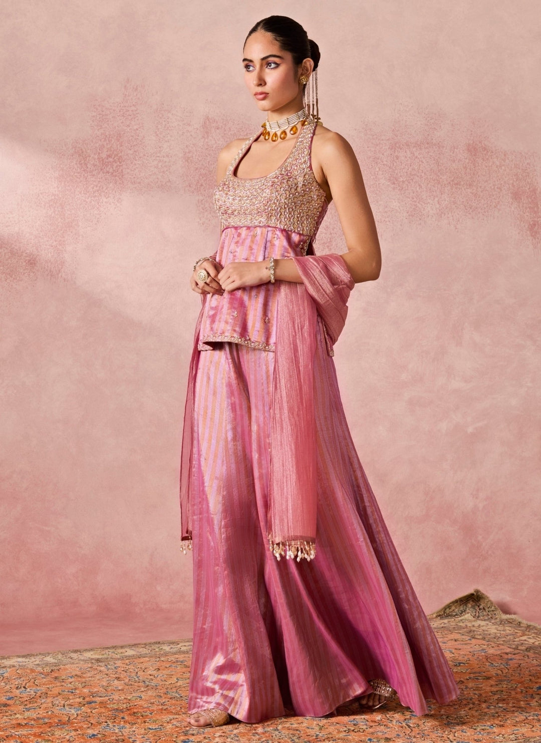 Chamee And Palak Pink Jamewar Tissue Kurta Palazzo SetFabilicious Fashion