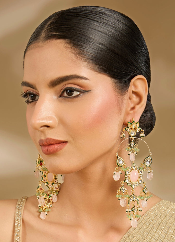 Pink Kundan And Pearl Gold Plated Statement Earrings Vivinia By Vidhi Mehra - Fabilicious Fashion
