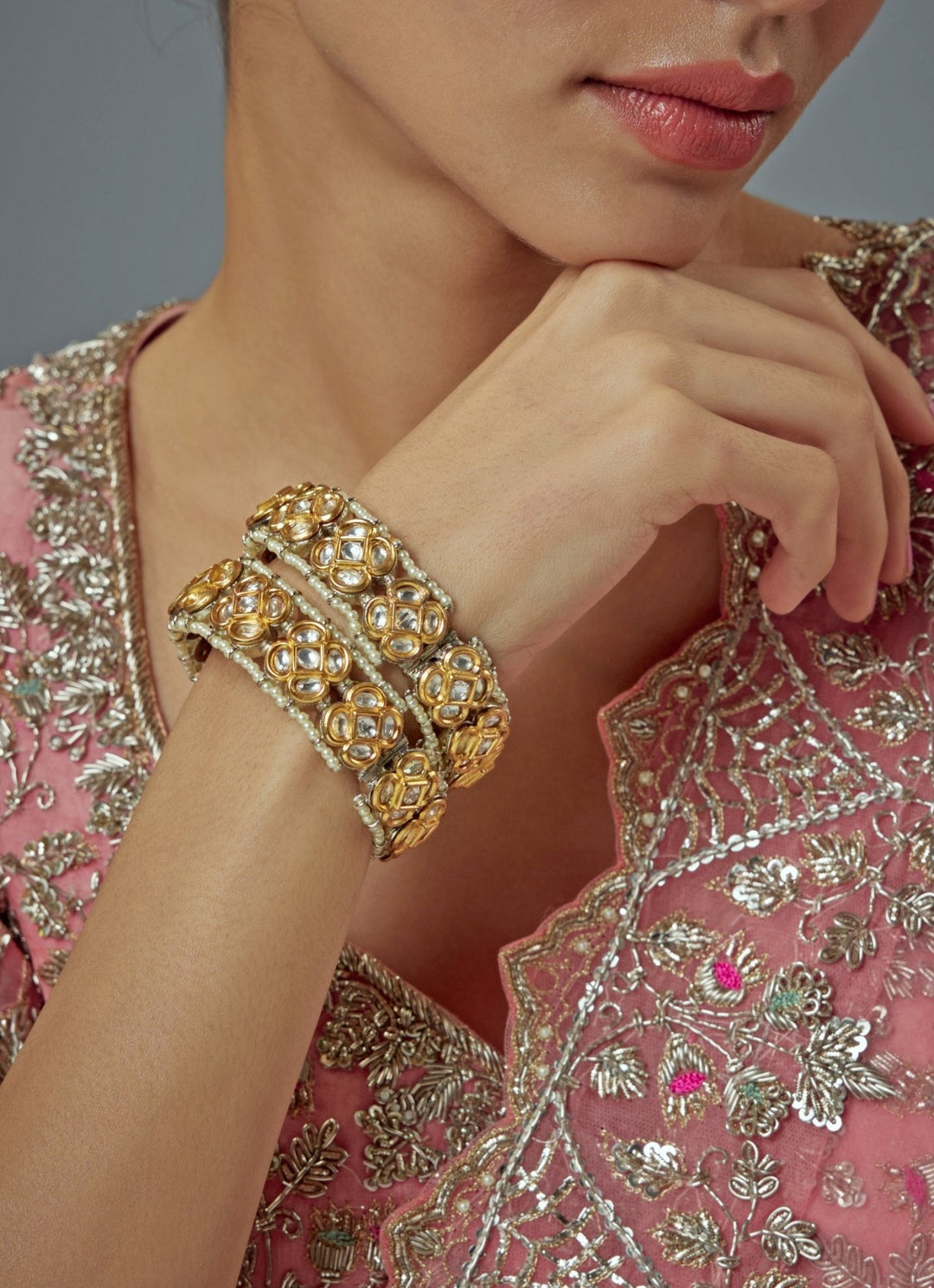 Pink Kundan And Polki Gold Plated Bangles Vivinia by Vidhi Mehra - Fabilicious Fashion