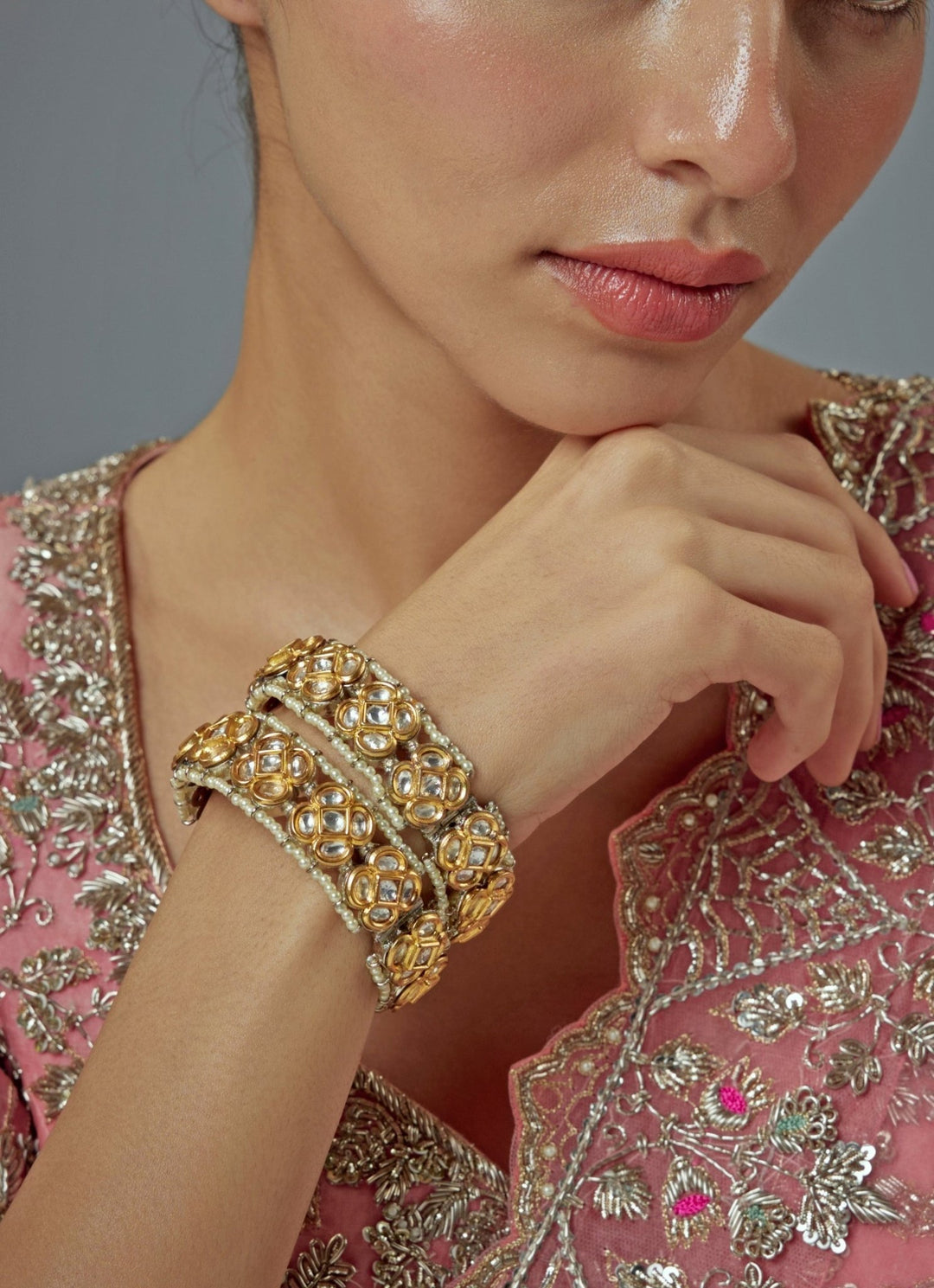 Pink Kundan And Polki Gold Plated Bangles Vivinia by Vidhi Mehra - Fabilicious Fashion