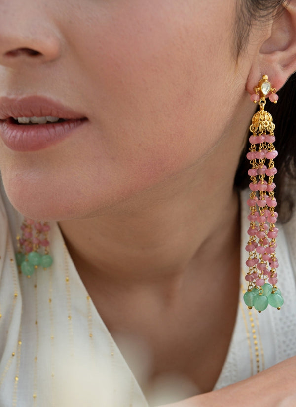 Pink Kundan Pearl Chain Earrings