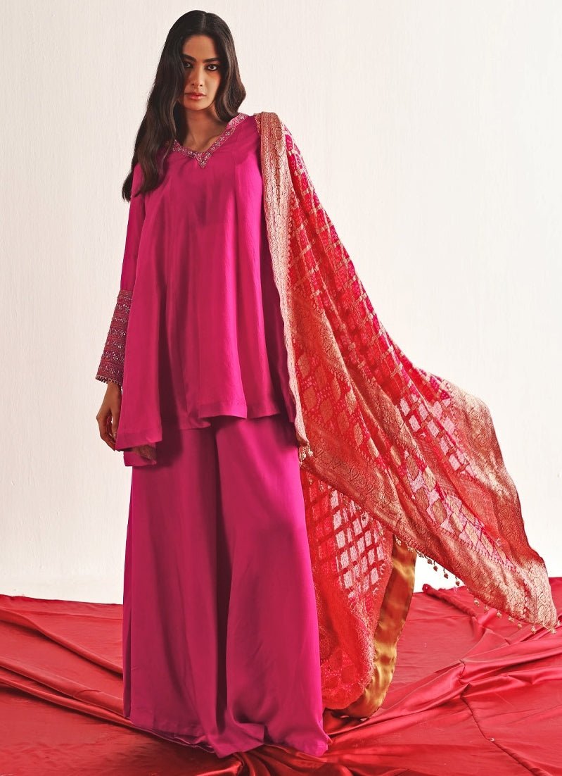 Pink Kurta Palazzo Set With Bandhani Dupatta