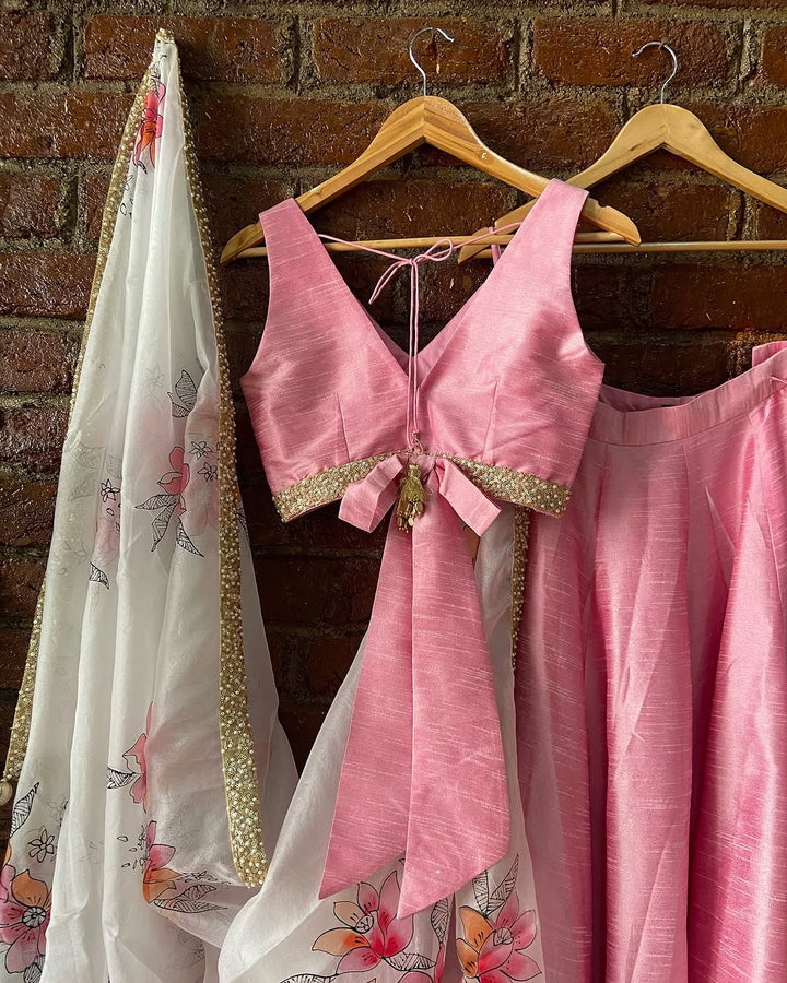 Pink Lehenga Set With Floral Painted Dupatta Priti Sahni - Fabilicious Fashion