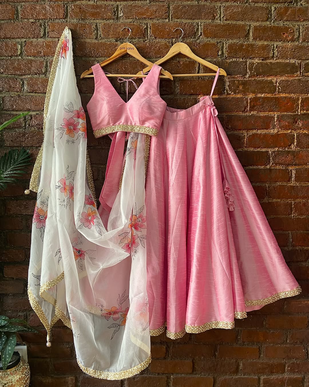 Pink Lehenga Set With Floral Painted Dupatta Priti Sahni - Fabilicious Fashion