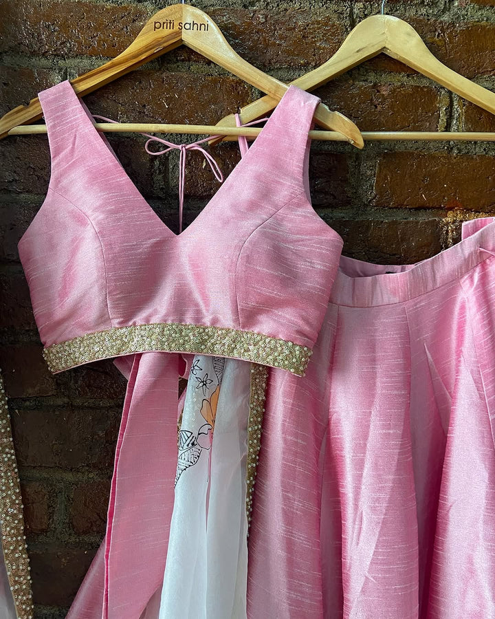Pink Lehenga Set With Floral Painted Dupatta Priti Sahni - Fabilicious Fashion