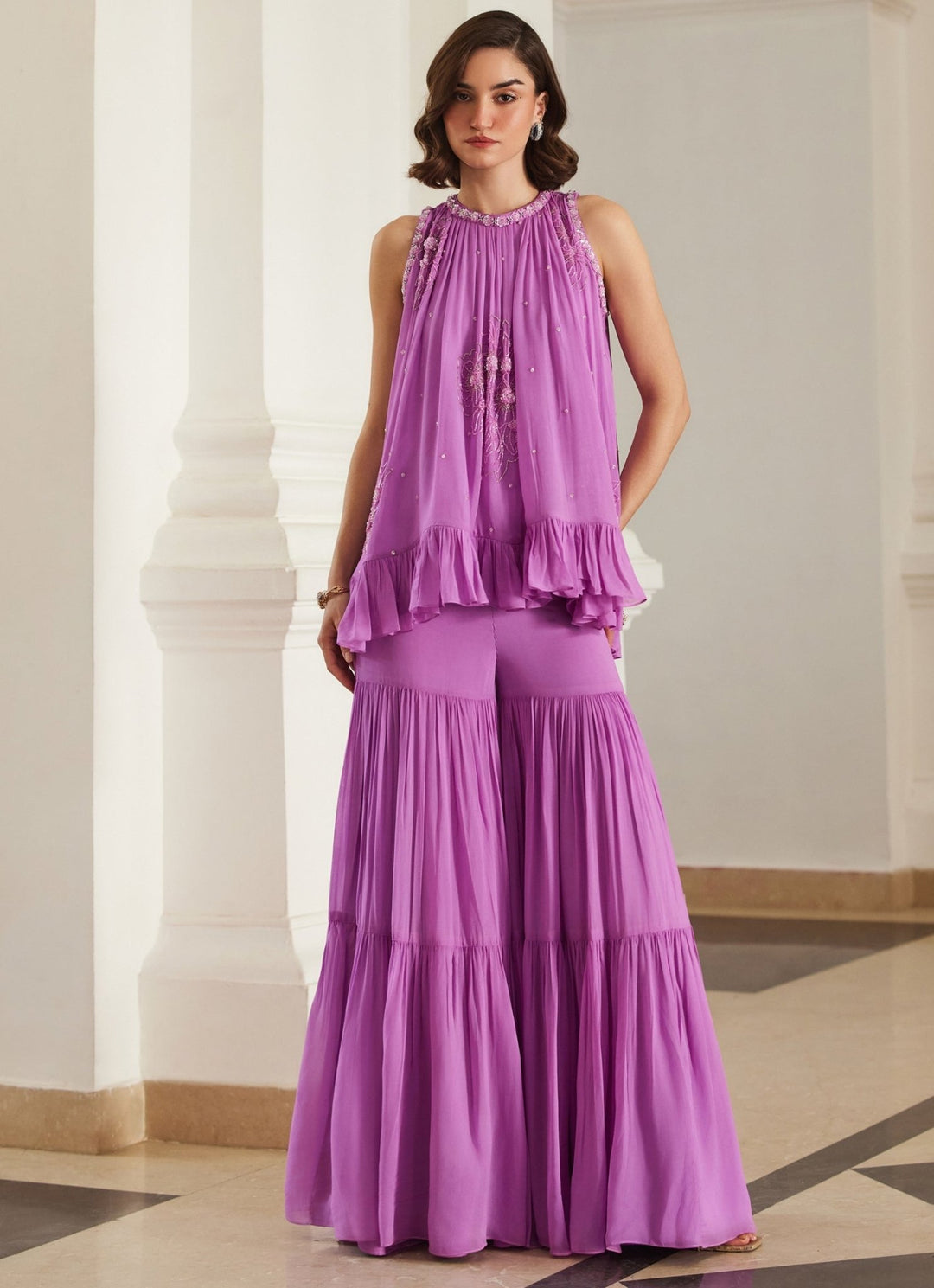 Pink Lilac Embroidered Georgette Kurta Sharara Set Sanya Gulati - Fabilicious Fashion