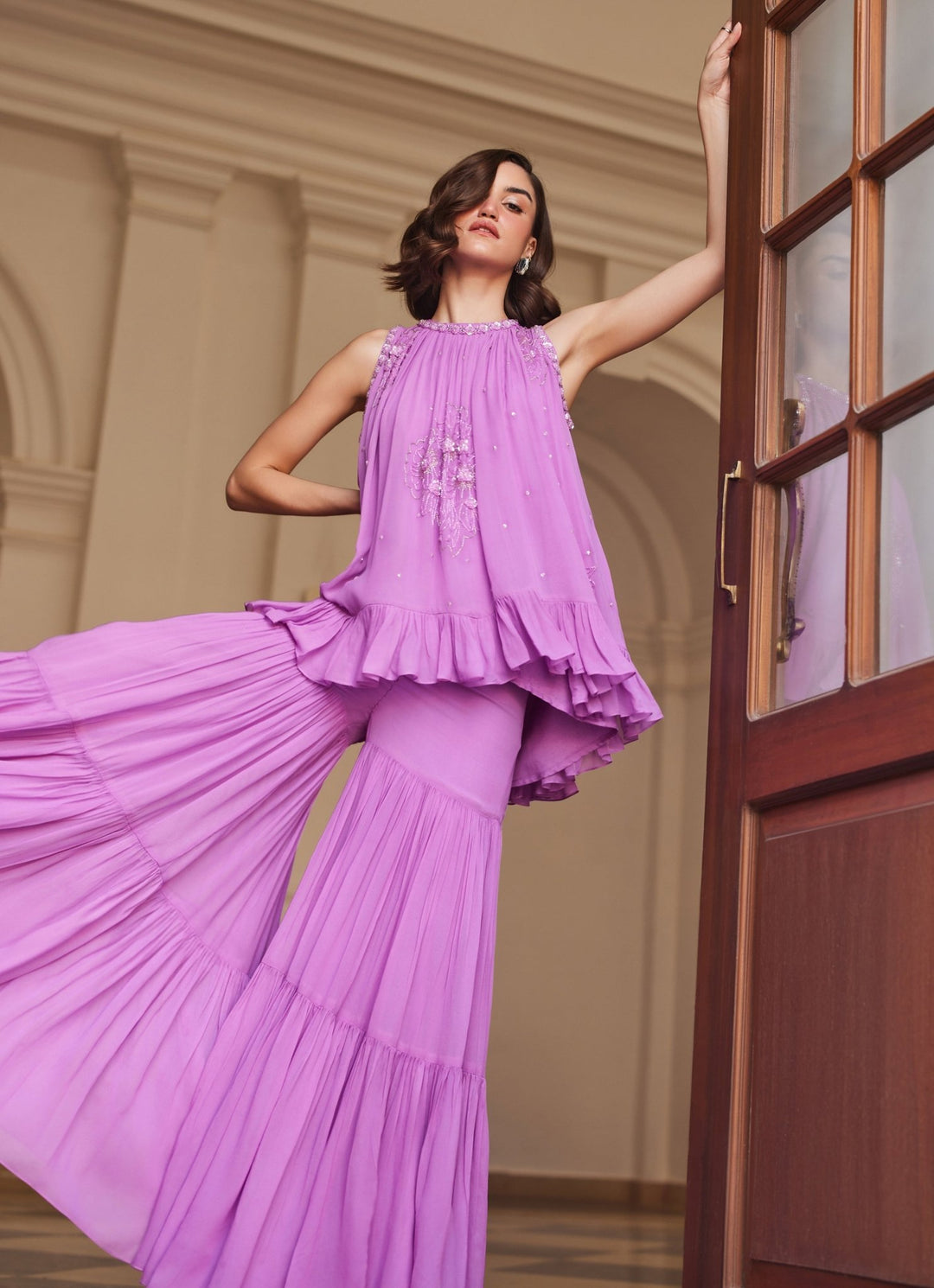 Pink Lilac Embroidered Georgette Kurta Sharara Set Sanya Gulati - Fabilicious Fashion
