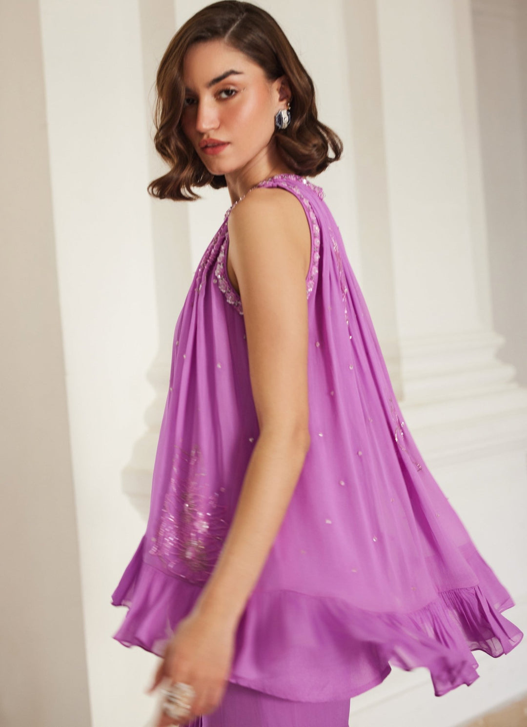 Pink Lilac Embroidered Georgette Kurta Sharara Set Sanya Gulati - Fabilicious Fashion