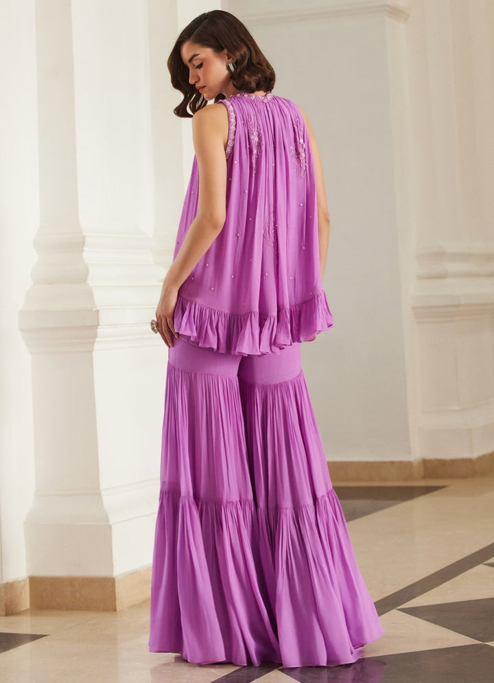 Pink Lilac Embroidered Georgette Kurta Sharara Set Sanya Gulati - Fabilicious Fashion