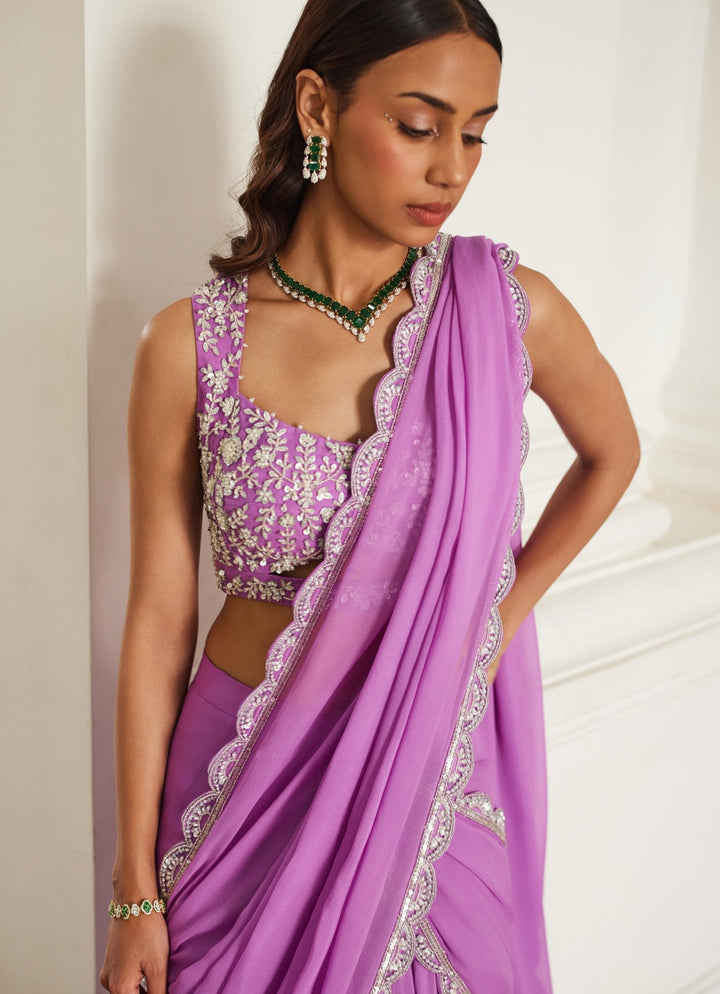 Pink Lilac Embroidered Georgette Predraped Saree Sanya Gulati - Fabilicious Fashion