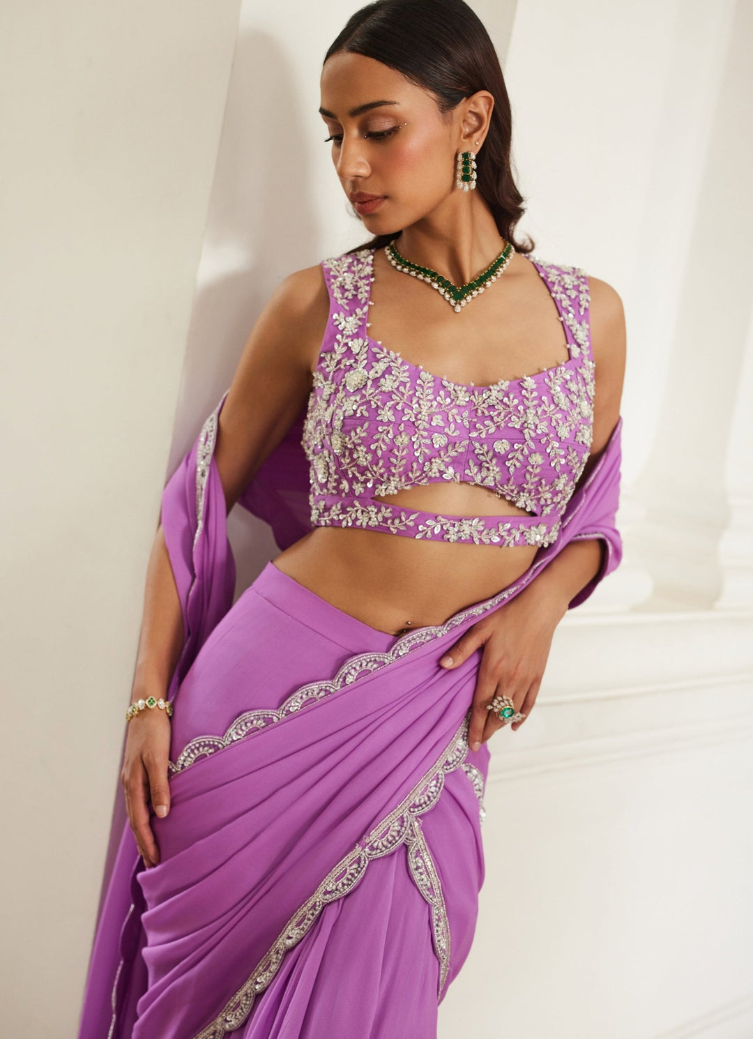 Pink Lilac Embroidered Georgette Predraped Saree Sanya Gulati - Fabilicious Fashion