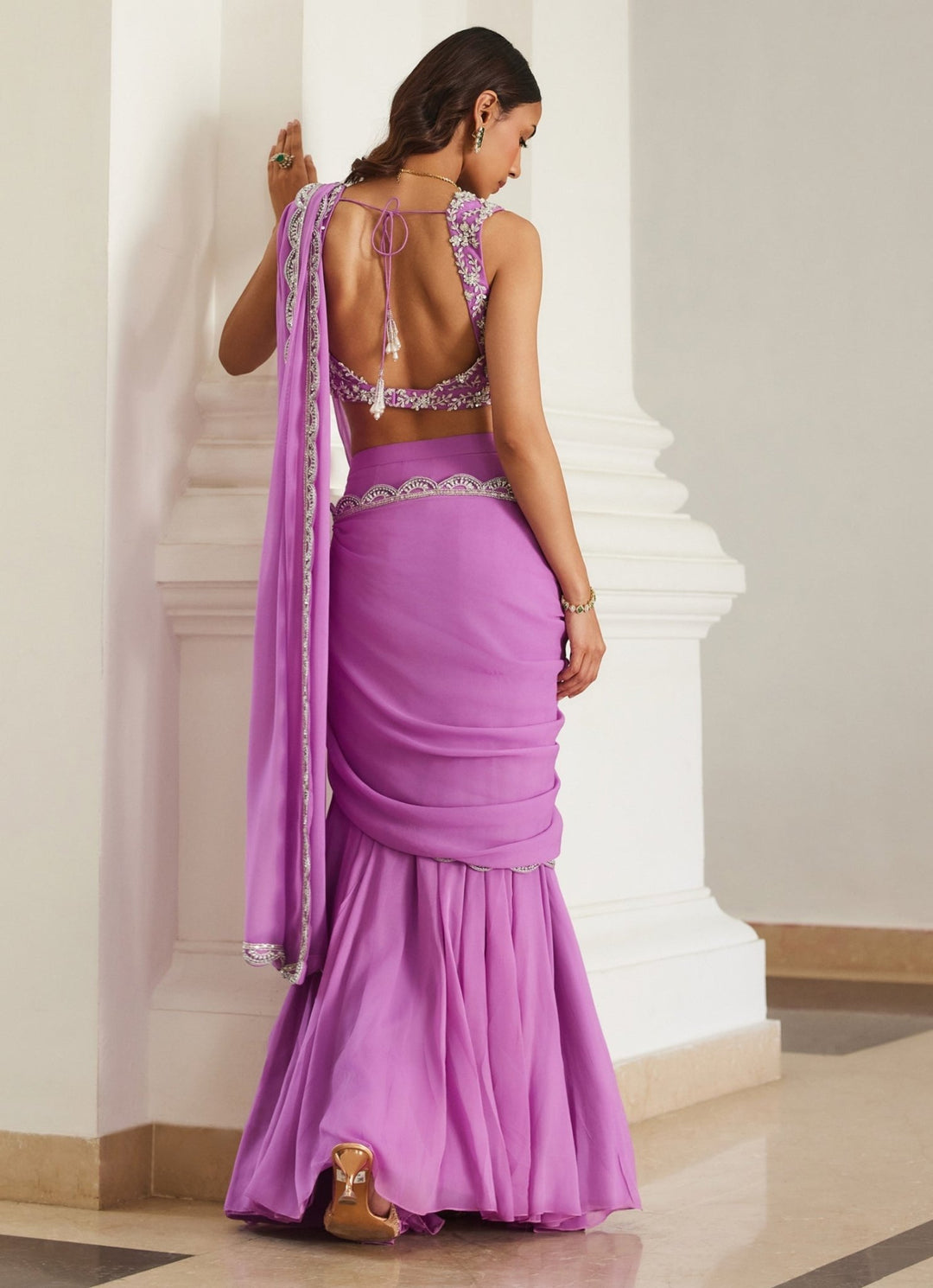 Pink Lilac Embroidered Georgette Predraped Saree Sanya Gulati - Fabilicious Fashion