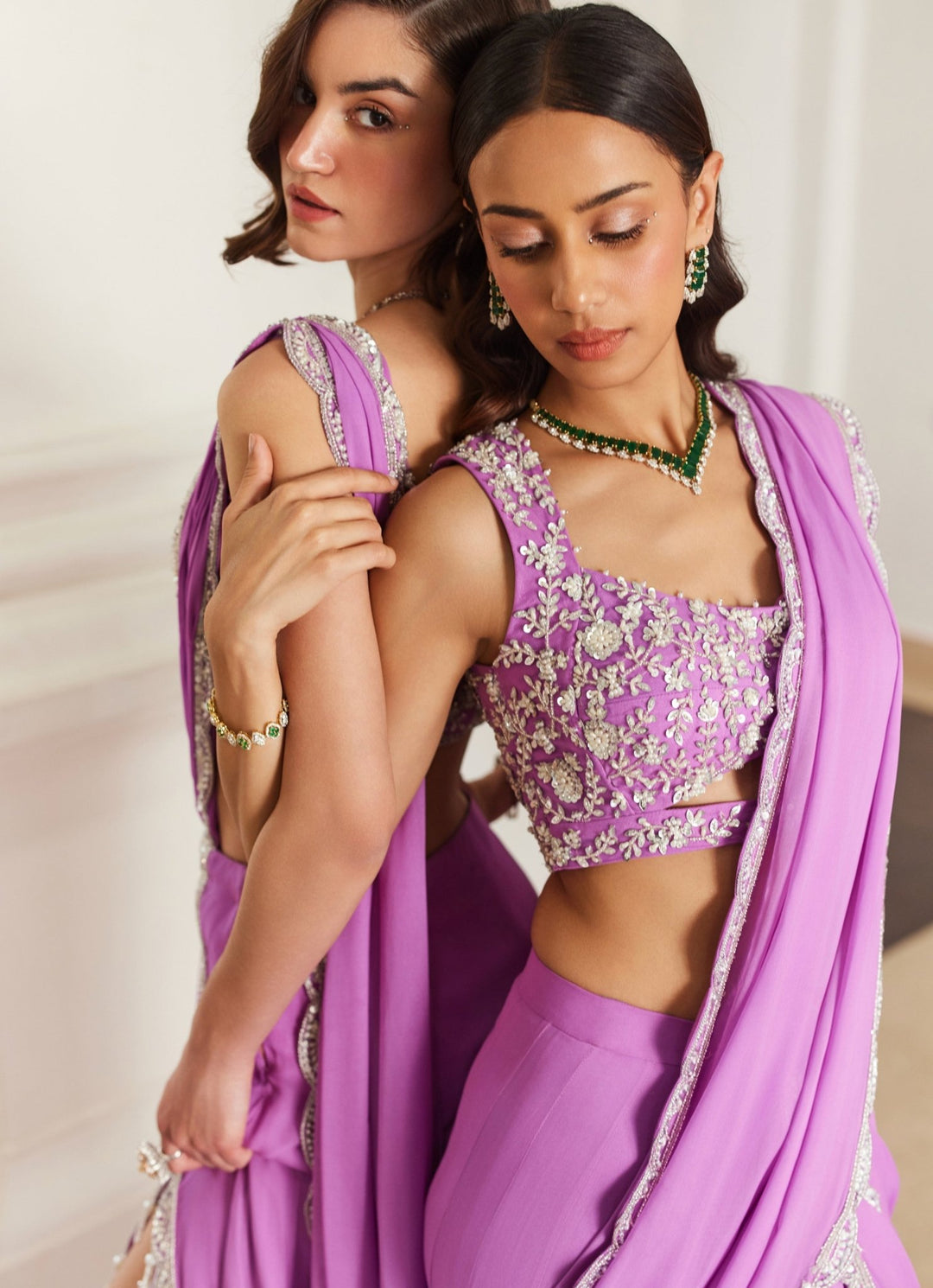 Pink Lilac Embroidered Georgette Predraped Saree Sanya Gulati - Fabilicious Fashion
