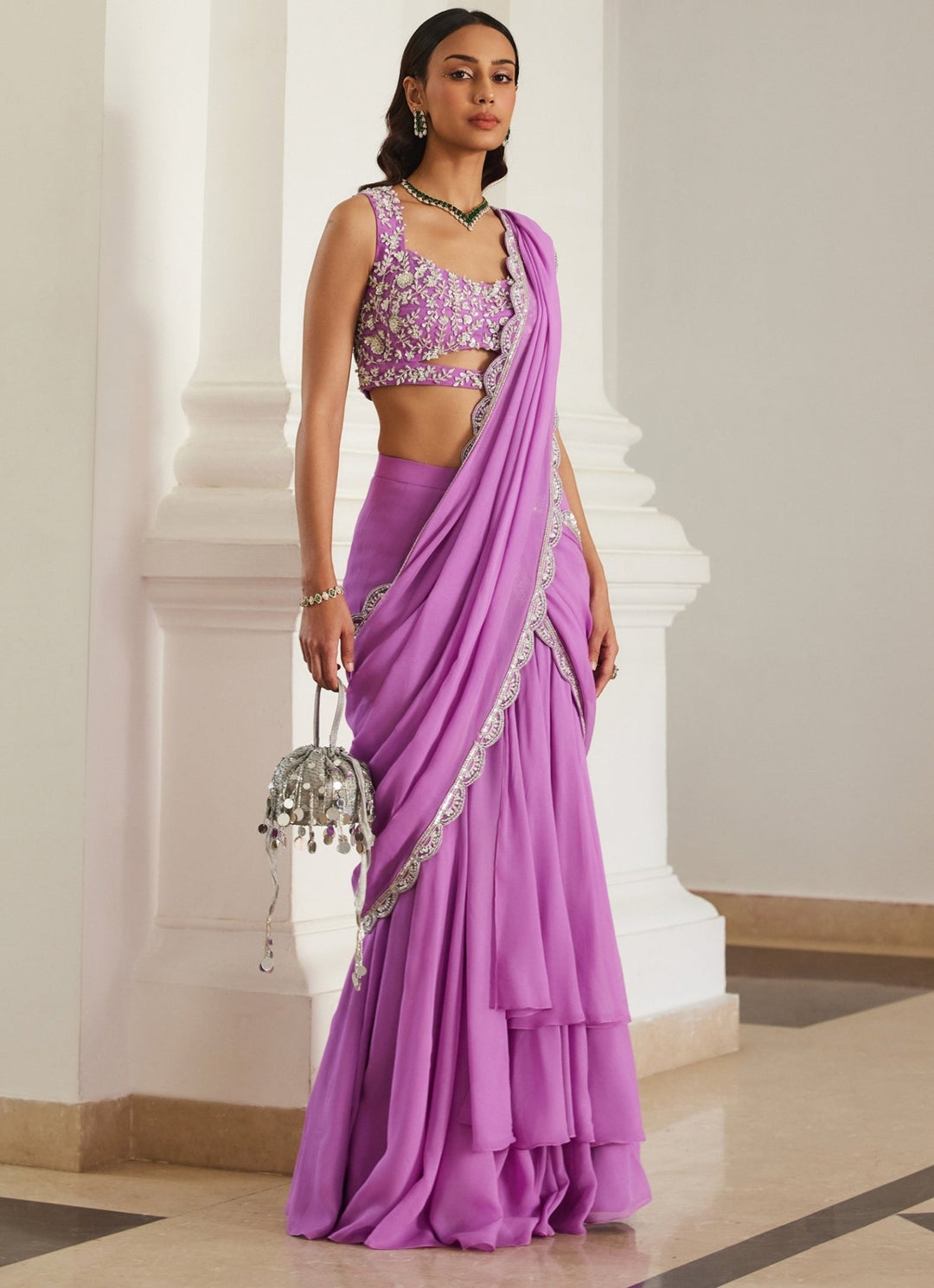 Pink Lilac Embroidered Georgette Predraped Saree Sanya Gulati - Fabilicious Fashion