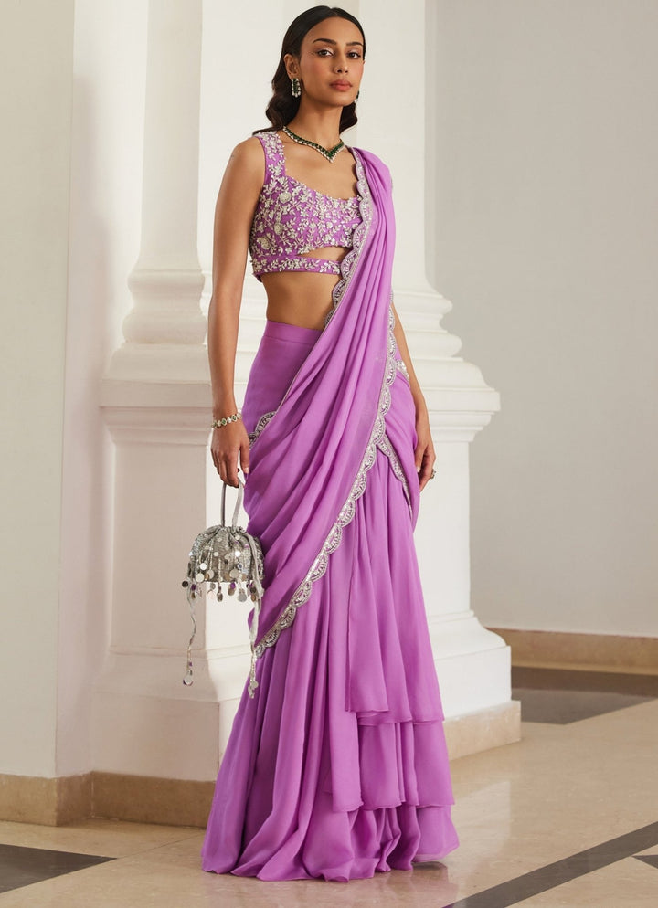 Pink Lilac Embroidered Georgette Predraped Saree Sanya Gulati - Fabilicious Fashion