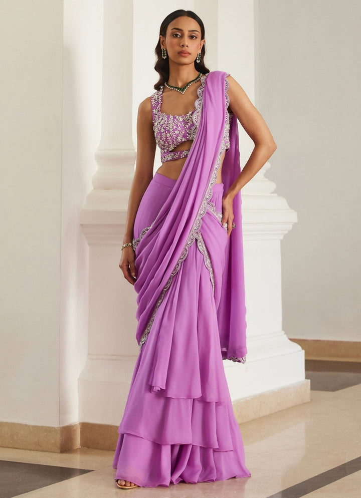 Pink Lilac Embroidered Georgette Predraped Saree Sanya Gulati - Fabilicious Fashion