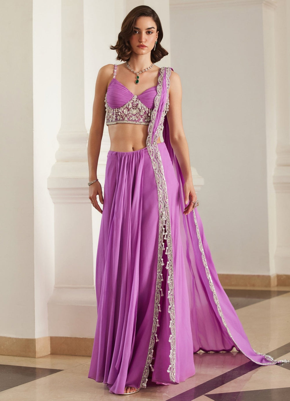 Pink Lilac Embroidered Georgette Slit Saree Sanya Gulati - Fabilicious Fashion