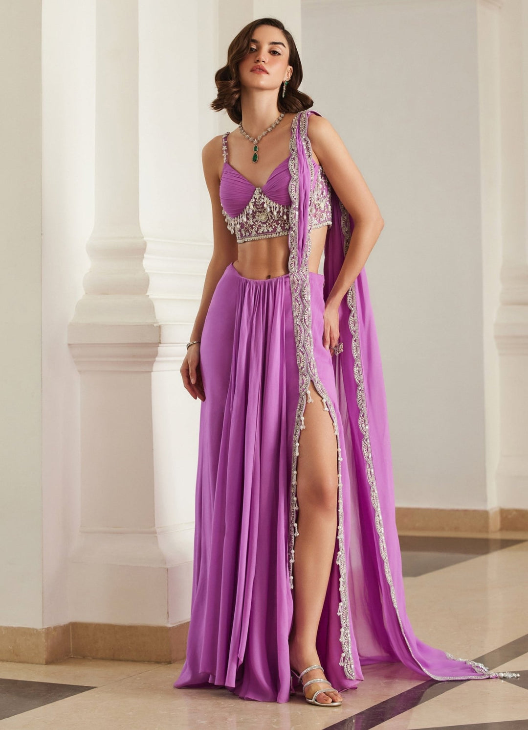 Pink Lilac Embroidered Georgette Slit Saree Sanya Gulati - Fabilicious Fashion