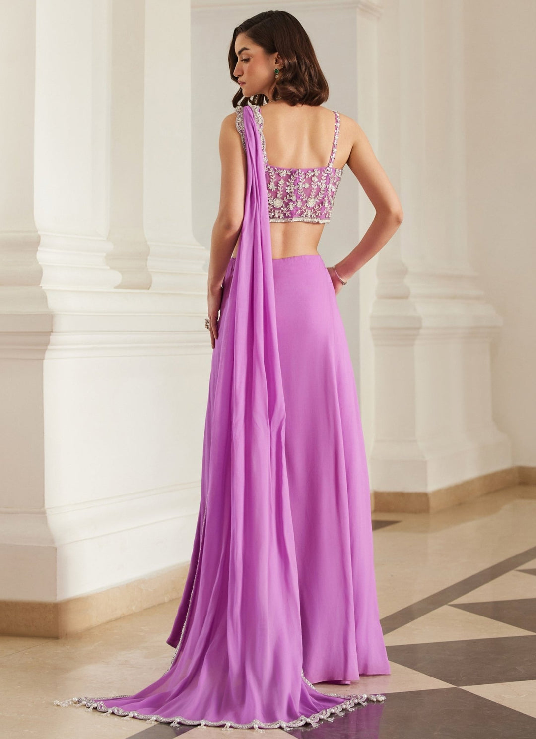 Pink Lilac Embroidered Georgette Slit Saree Sanya Gulati - Fabilicious Fashion