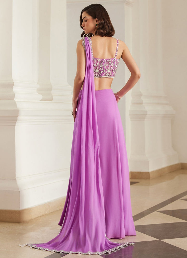 Pink Lilac Embroidered Georgette Slit Saree Sanya Gulati - Fabilicious Fashion