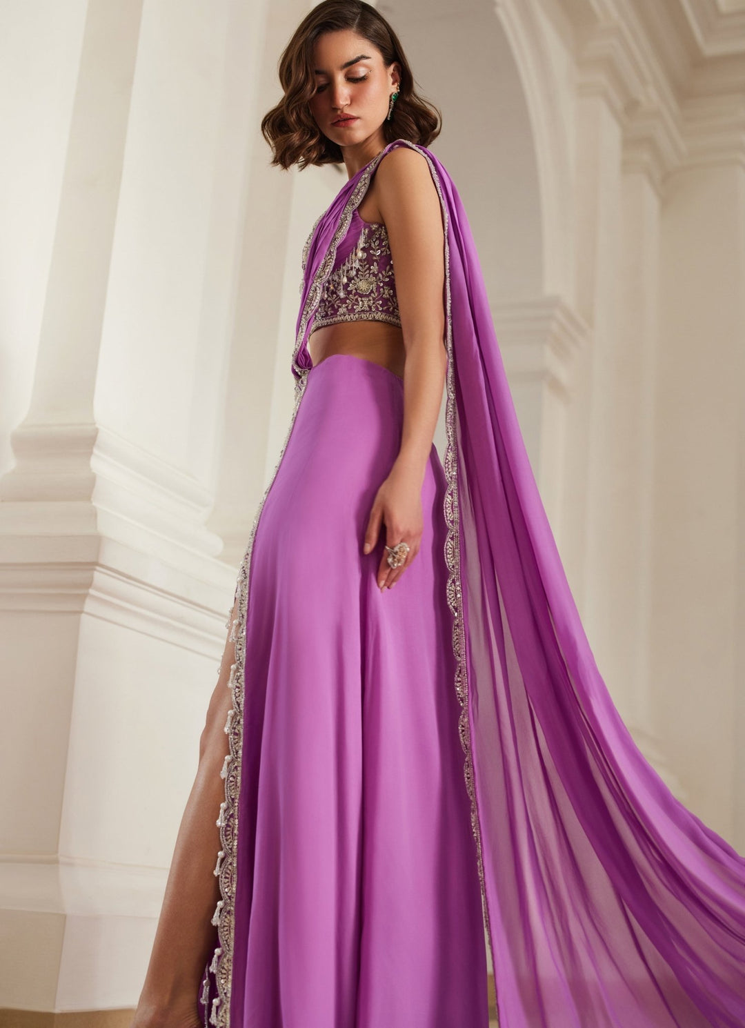 Pink Lilac Embroidered Georgette Slit Saree Sanya Gulati - Fabilicious Fashion
