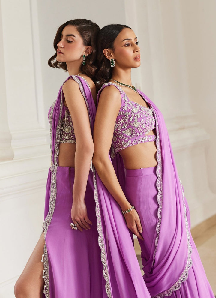 Pink Lilac Embroidered Georgette Slit Saree Sanya Gulati - Fabilicious Fashion