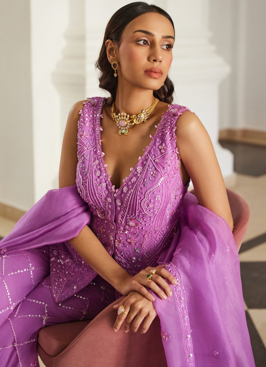 Pink Lilac Embroidered Peplum Kurta Pants Set Sanya Gulati - Fabilicious Fashion