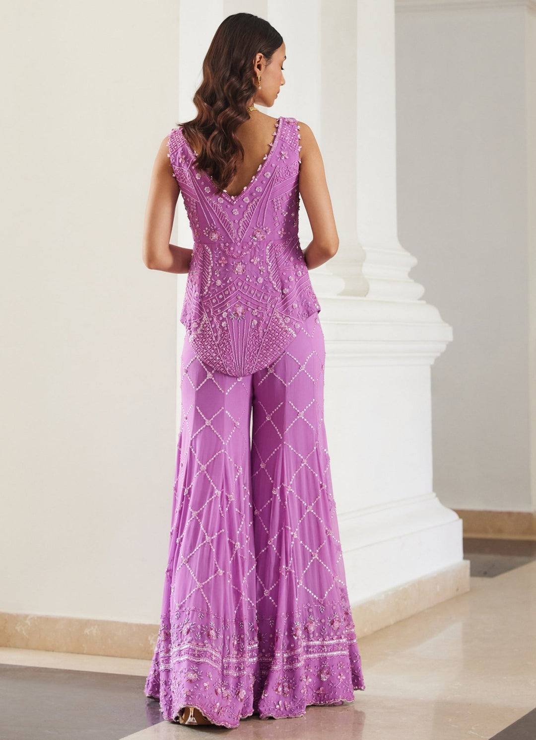 Pink Lilac Embroidered Peplum Kurta Pants Set Sanya Gulati - Fabilicious Fashion