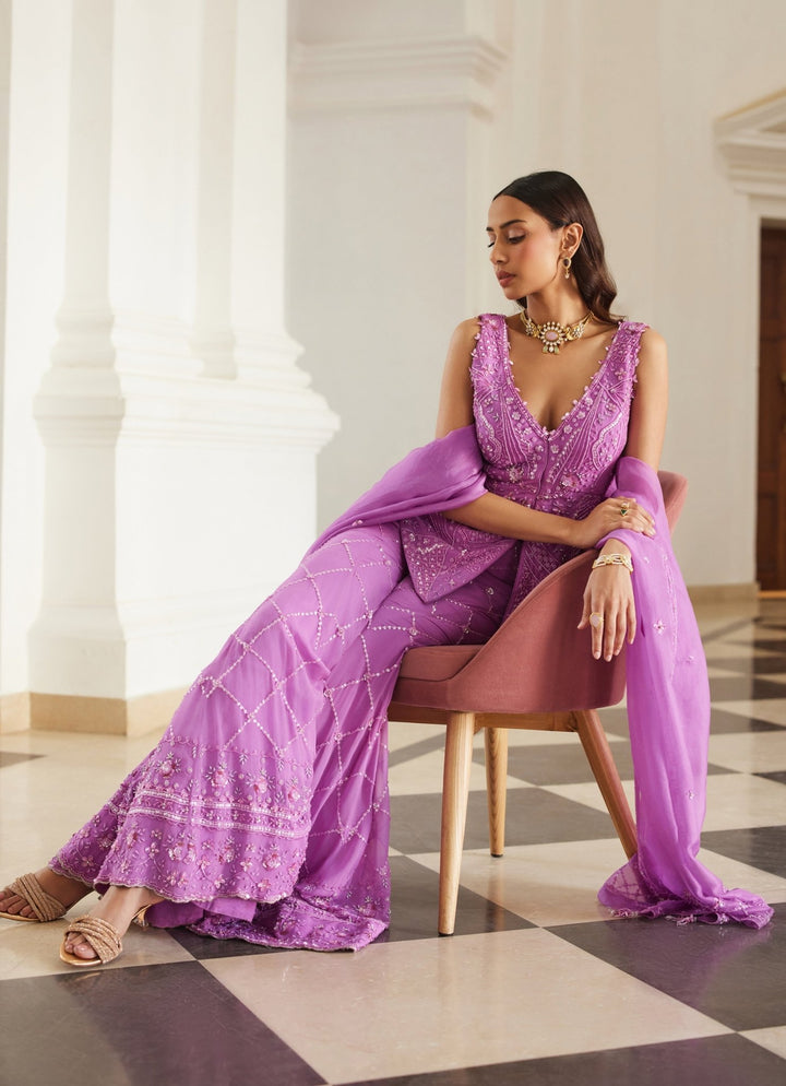 Pink Lilac Embroidered Peplum Kurta Pants Set Sanya Gulati - Fabilicious Fashion
