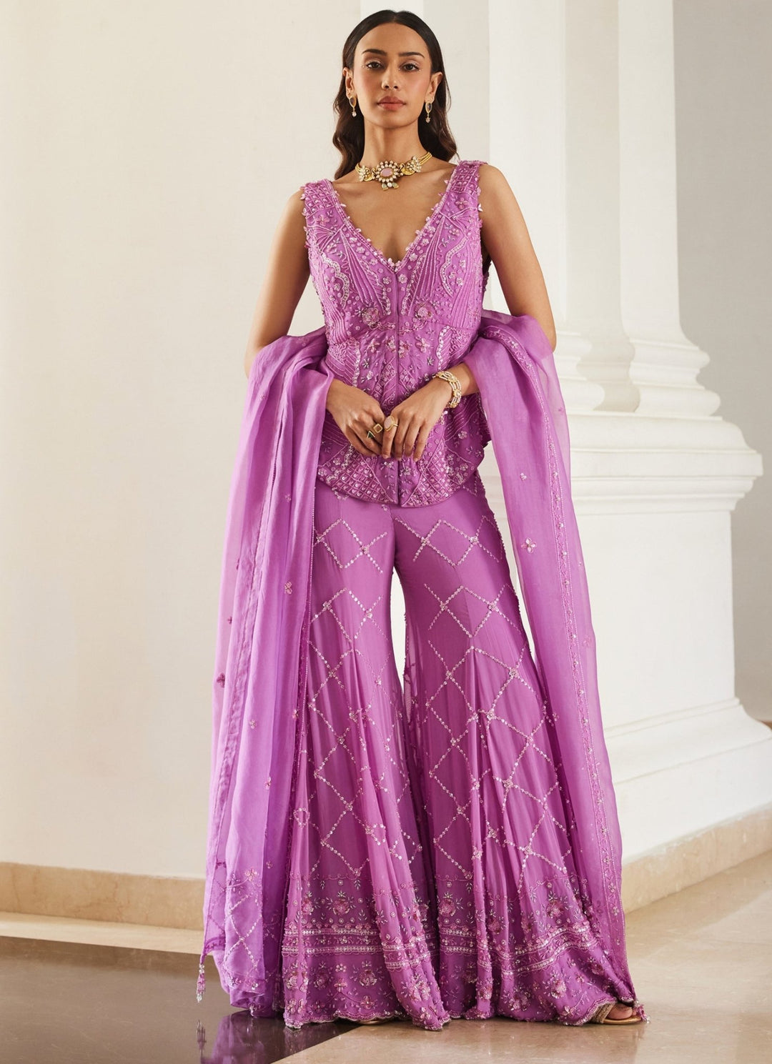 Pink Lilac Embroidered Peplum Kurta Pants Set Sanya Gulati - Fabilicious Fashion