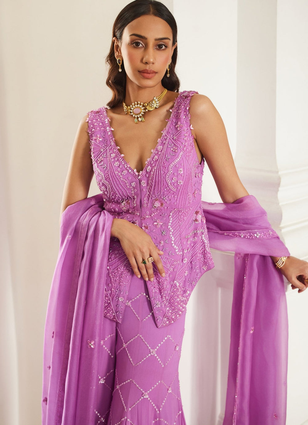 Pink Lilac Embroidered Peplum Kurta Pants Set Sanya Gulati - Fabilicious Fashion