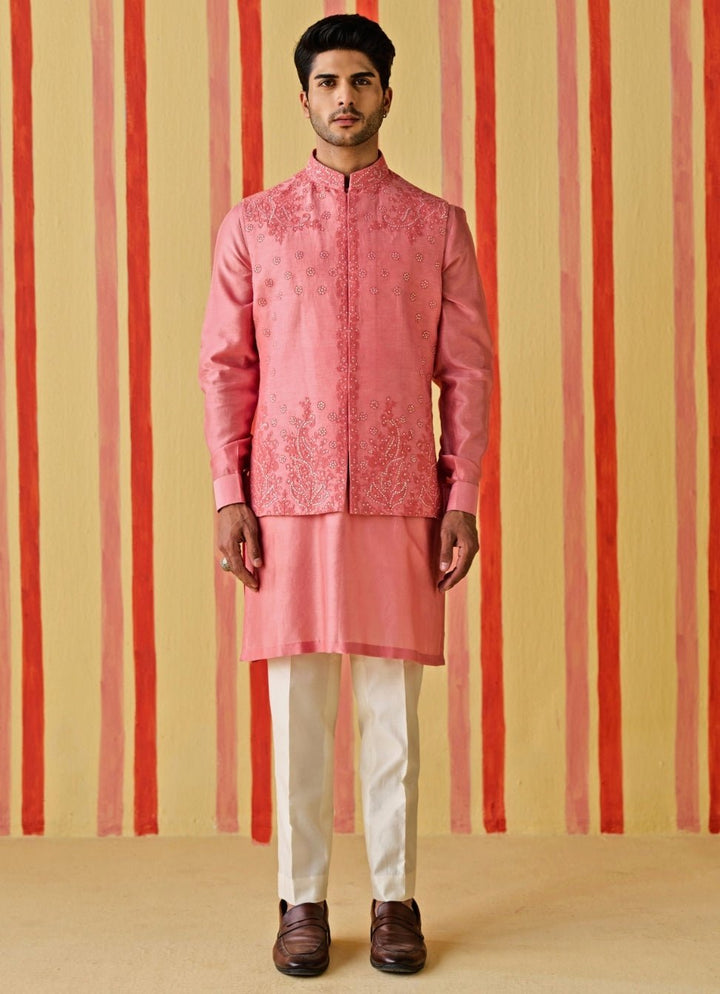 Studio Bagechaa - Men Pink Linen Satin Nehru Jacket SetFabilicious Fashion