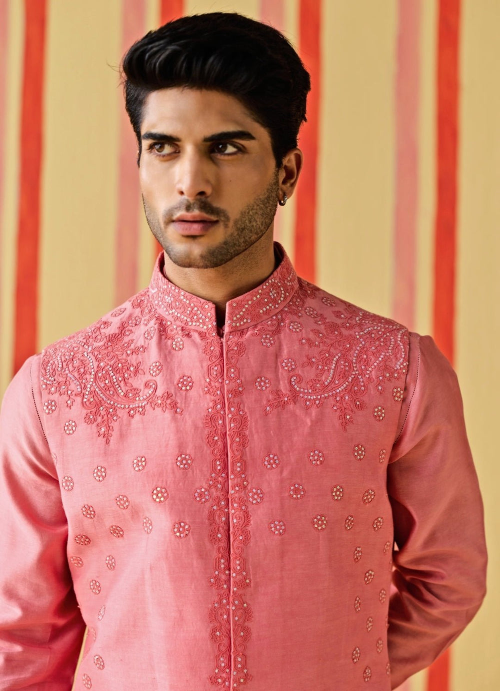 Studio Bagechaa - Men Pink Linen Satin Nehru Jacket SetFabilicious Fashion