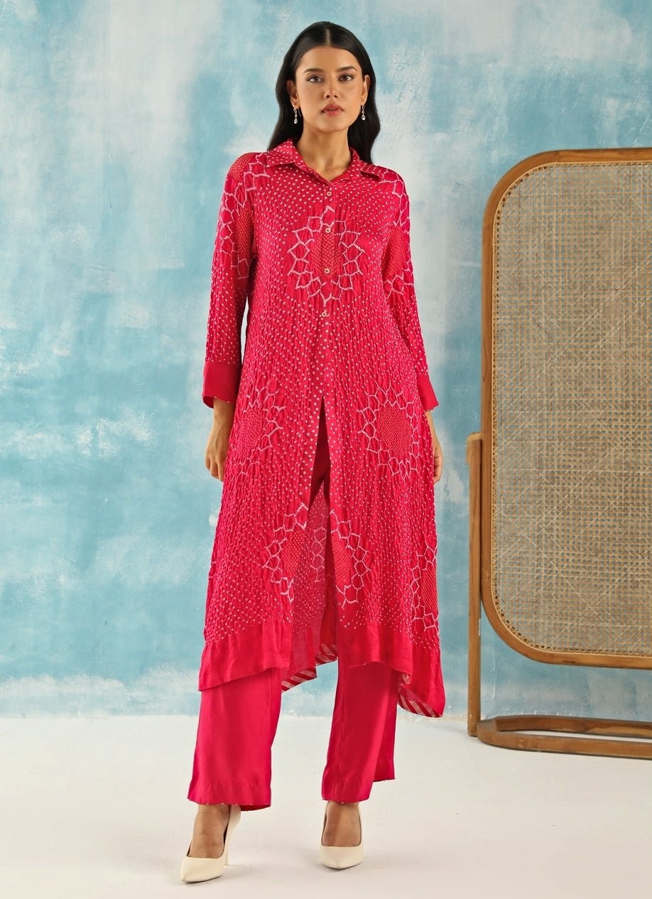 Twenty Nine Pink Long Bandhani Front-Open Kurta With PantsFabilicious Fashion