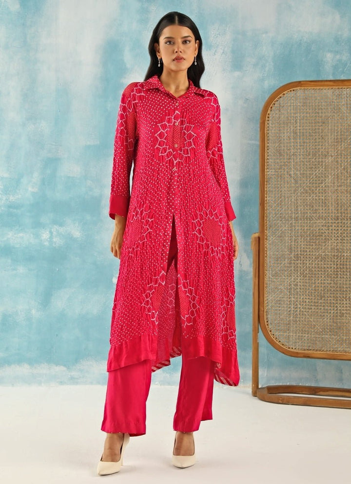 Twenty Nine Pink Long Bandhani Front-Open Kurta With PantsFabilicious Fashion