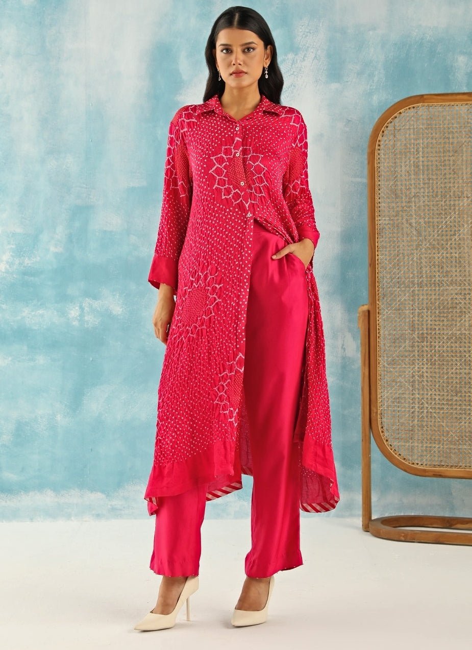 Twenty Nine Pink Long Bandhani Front-Open Kurta With PantsFabilicious Fashion