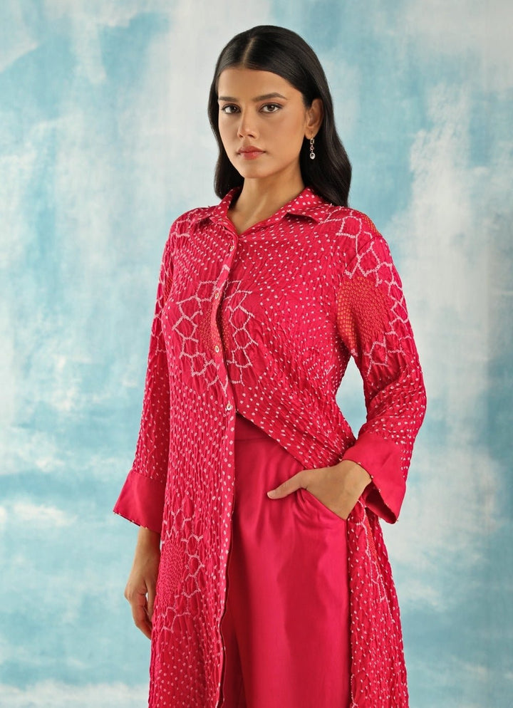Twenty Nine Pink Long Bandhani Front-Open Kurta With PantsFabilicious Fashion