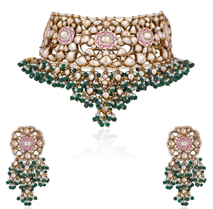 Pink Meenakari and Green Beaded Bridal Necklace Set Riana by Shikha Jindal - Fabilicious Fashion