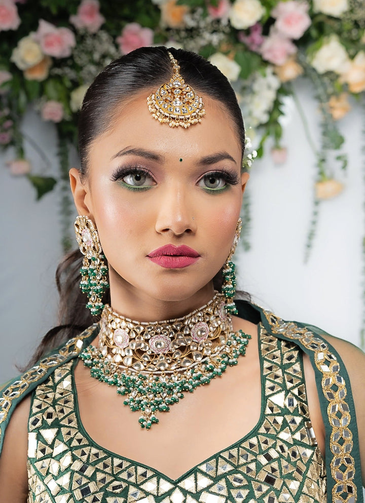 Pink Meenakari and Green Beaded Bridal Necklace Set Riana by Shikha Jindal - Fabilicious Fashion