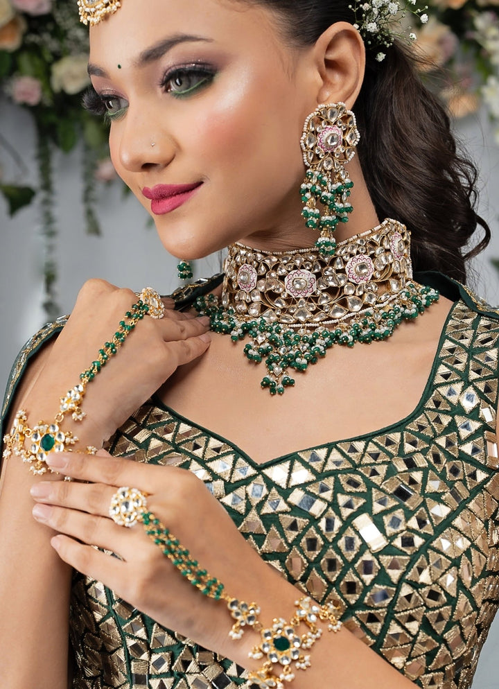 Pink Meenakari and Green Beaded Bridal Necklace Set Riana by Shikha Jindal - Fabilicious Fashion