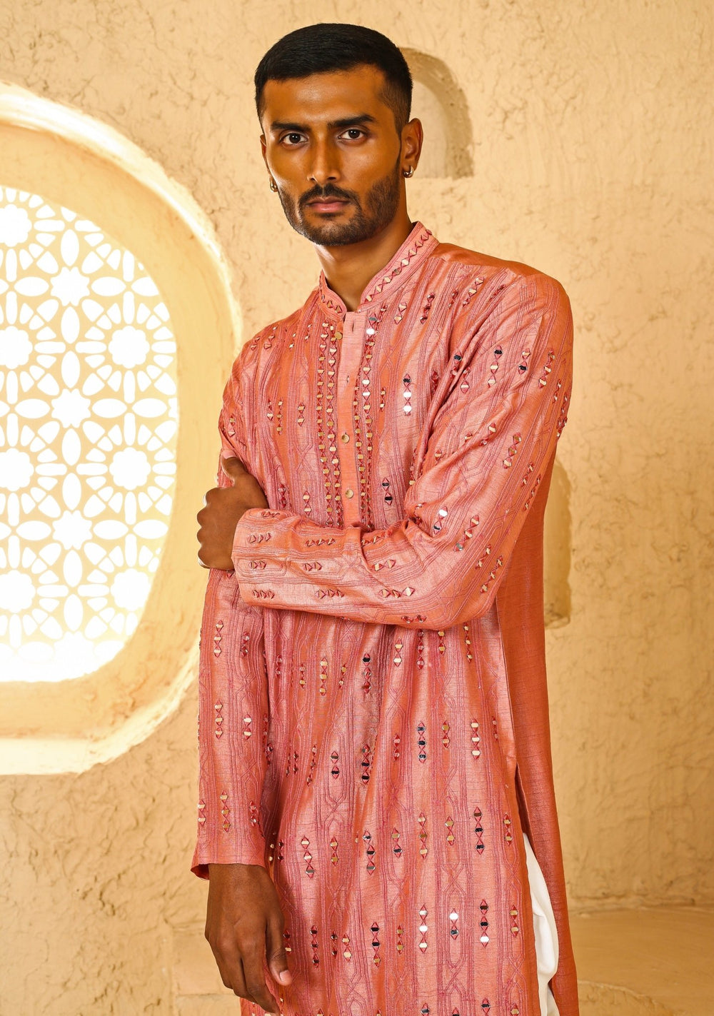 Pink Mirror Embroidered Silk Blend Kurta Set Chatenya Mittal - Fabilicious Fashion