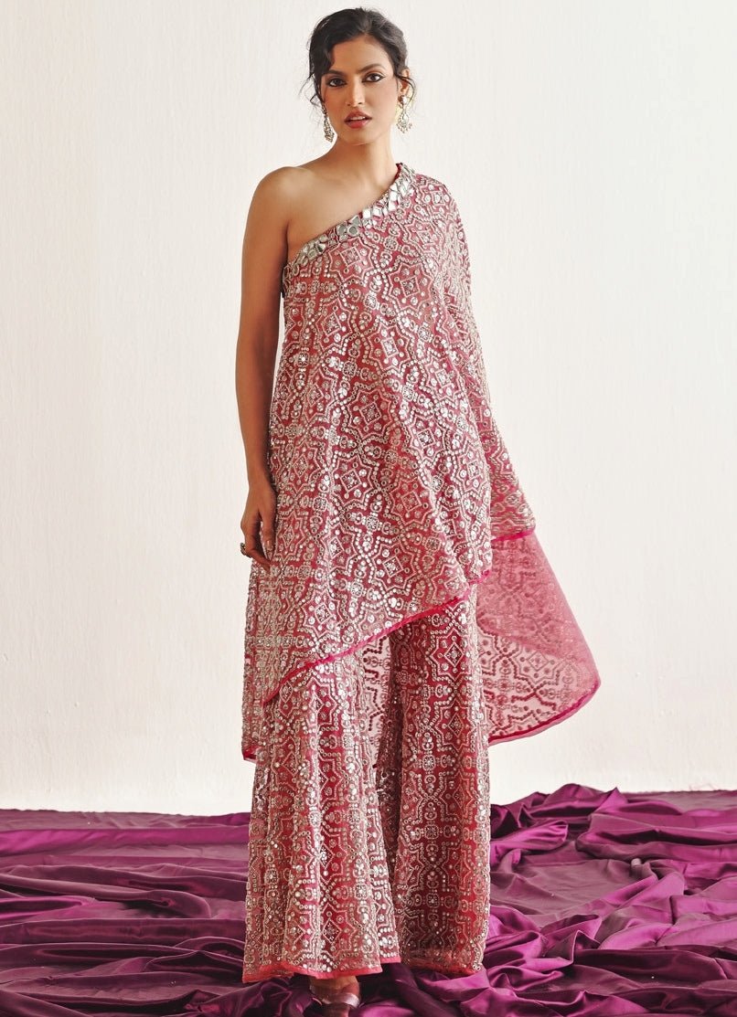 Pink Mirrorwork One Shoulder Cape Set Twenty Nine - Fabilicious Fashion