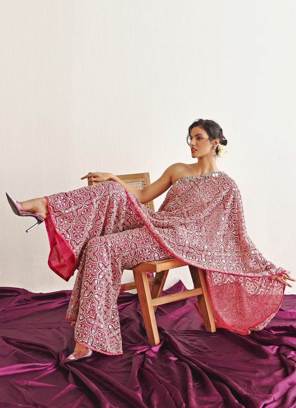 Pink Mirrorwork One Shoulder Cape Set Twenty Nine - Fabilicious Fashion