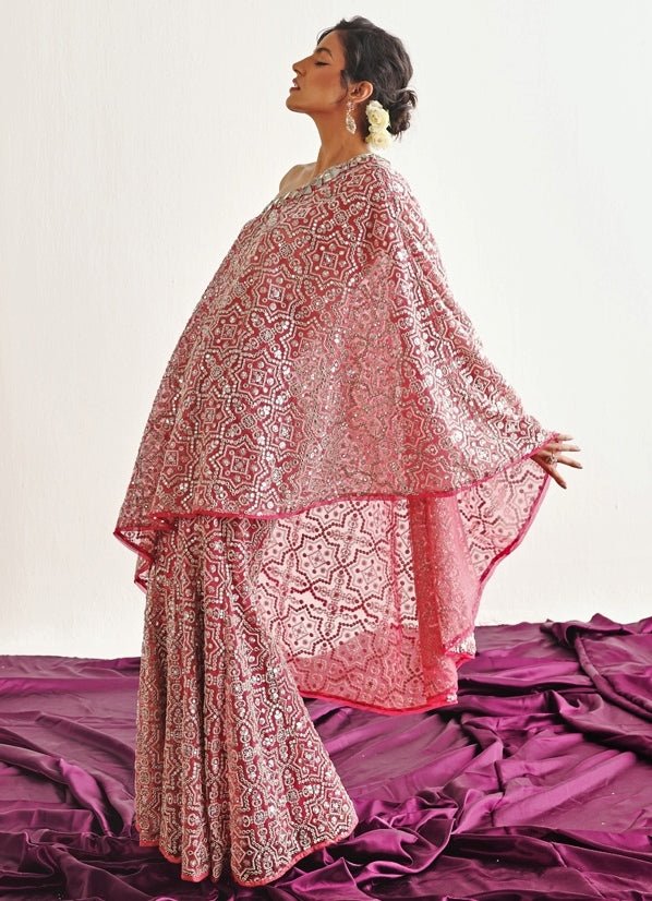 Pink Mirrorwork One Shoulder Cape Set Twenty Nine - Fabilicious Fashion